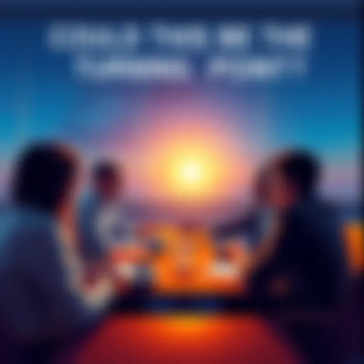 A group of people sitting around a table, engaged in a thoughtful discussion about future possibilities with notes and coffee cups