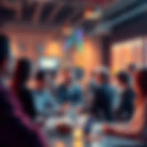 A group of people engaged in conversation about trading and current events, sharing ideas in a friendly setting.