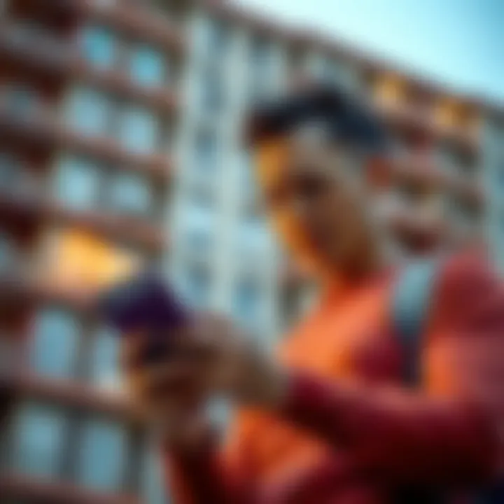 A concerned person looking at their phone with a frustrated expression in front of an apartment building, highlighting the rent boost feature malfunction.