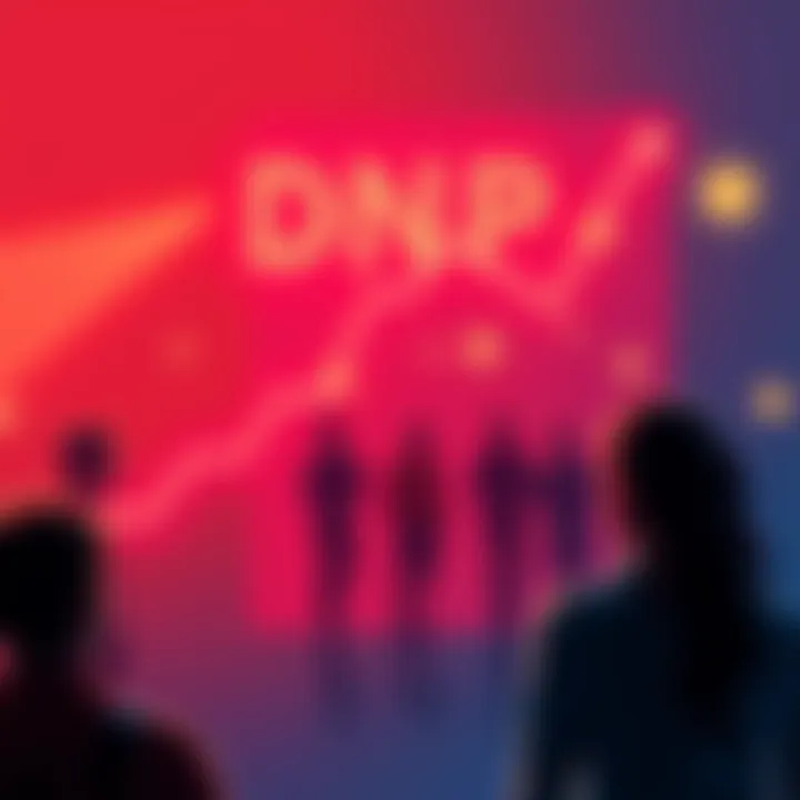 A graph showing the rise and fall of DNP, with people looking disappointed in the background.