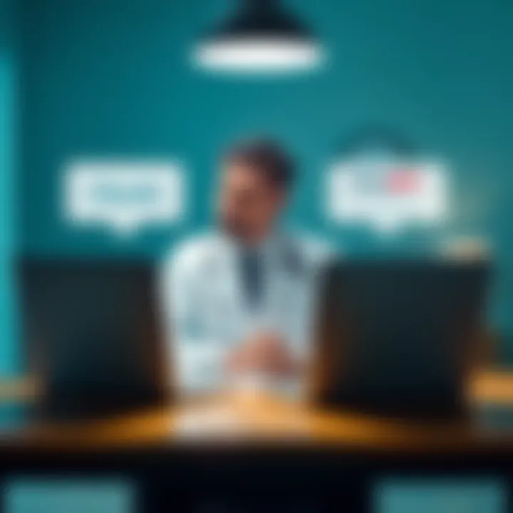 A doctor sitting at a desk, looking thoughtfully at two laptops displaying Claude and ChatGPT side by side, weighing their features and functions.