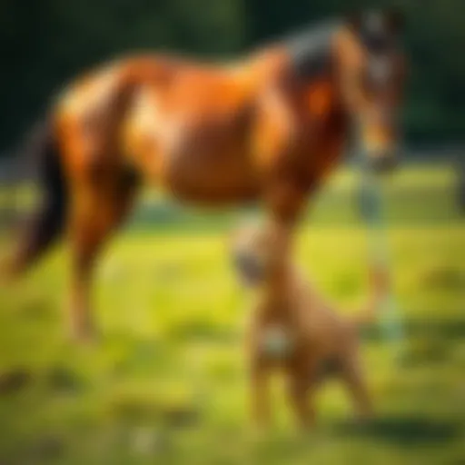 A dog cautiously approaches a large brown horse in a grassy area, showcasing the interaction between them.