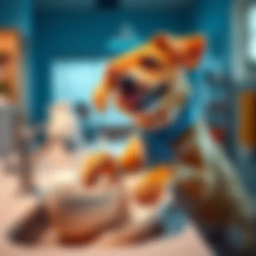 Brownie the dog playfully washing dishes at the sink with a cheerful expression