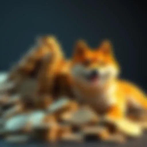 A large pile of Doge coins next to a happy Shiba Inu dog, representing Doge accumulation.