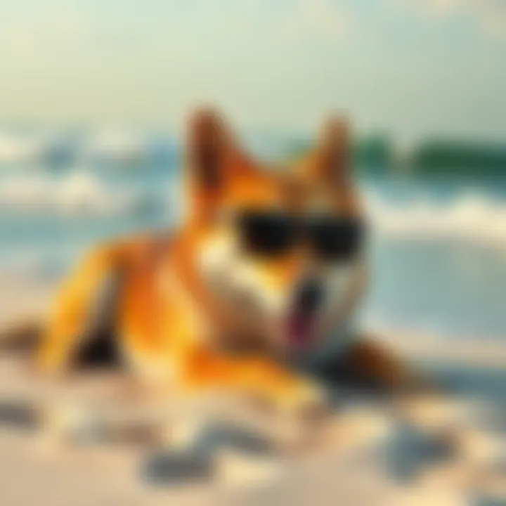 Doge lying on a sandy beach with sunglasses, symbolizing a summer break, while waves gently crash in the background.