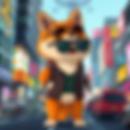 A cartoon version of Doge, the Shiba Inu dog, wearing a stylish outfit and sunglasses, standing confidently in a vibrant city background from a video game.