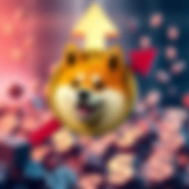 A cheerful Doge coin symbol with an upward arrow, representing hope for a market comeback, surrounded by dollar signs