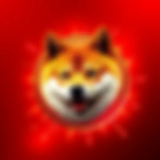 A depiction of Doge coin on a vibrant red background, symbolizing the excitement of its potential rise to one dollar. The coin features the iconic Shiba Inu dog face, surrounded by a burst of energy.