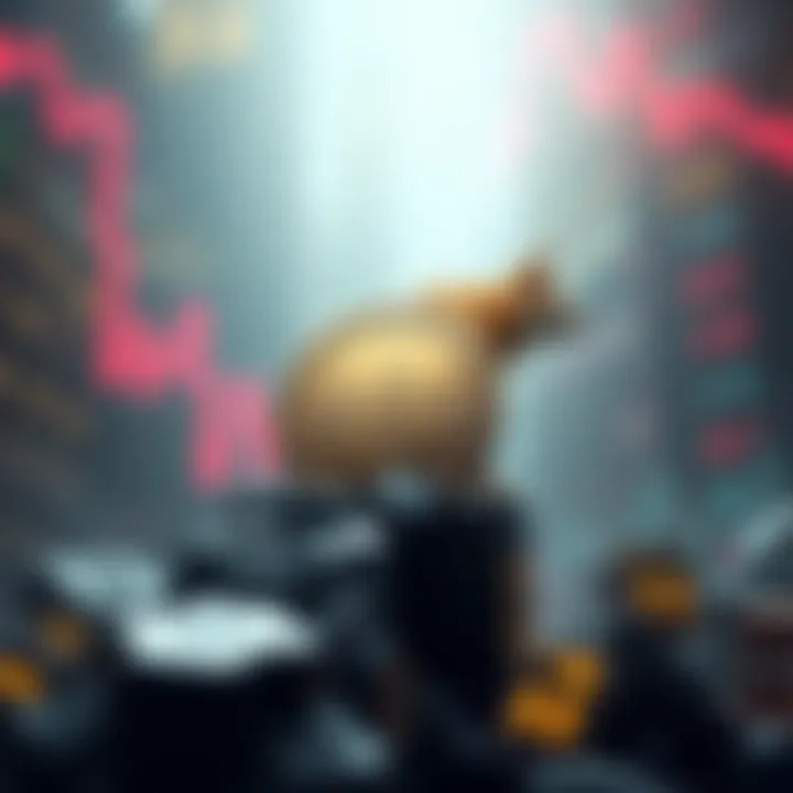 A visual representation of DOGE coin rising against a backdrop of declining cryptocurrency prices, symbolizing market trends.