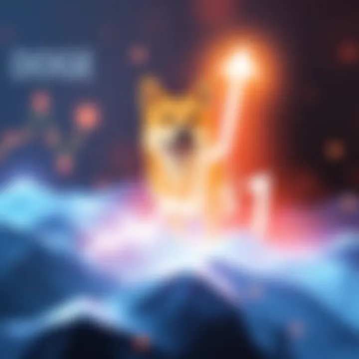 A graphic showing the price of DOGE cryptocurrency starting at its current value with a countdown to $1, accompanied by a rising arrow and excited symbols