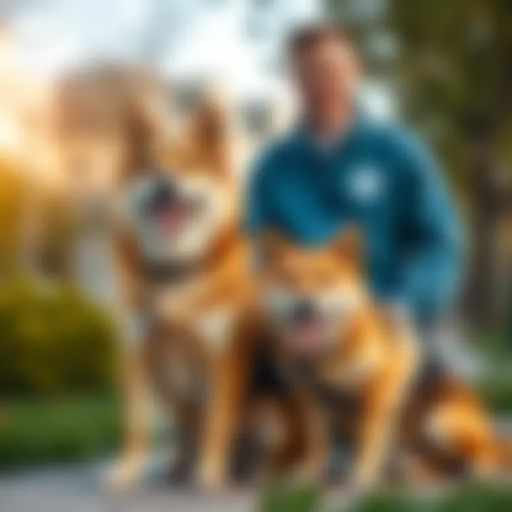 A cheerful Doge Dog sitting next to its happy owner in a park, showcasing the bond of pet ownership today.