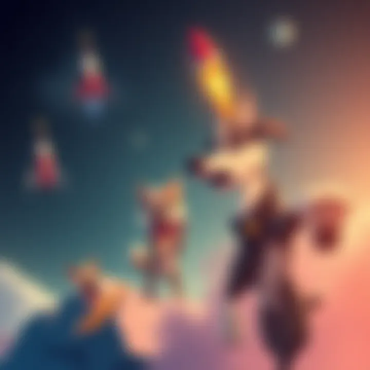 A group of cartoon dogs, representing the Doge Family, launching into the sky with rockets, symbolizing growth and adventure.