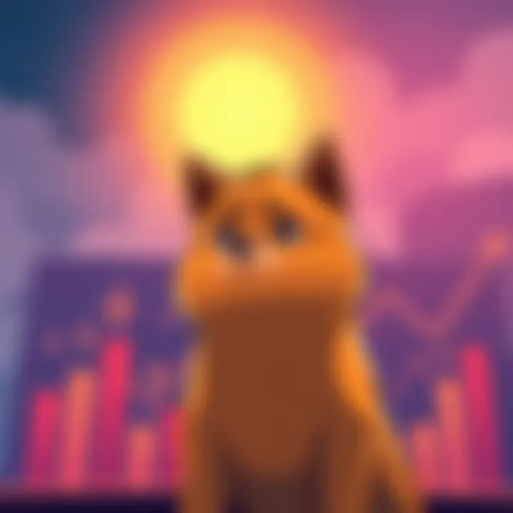 A cartoon dog, representing Doge, looks worried while surrounded by falling finance graphs, symbolizing market dip. The background shows a bright sun, hinting at hope.