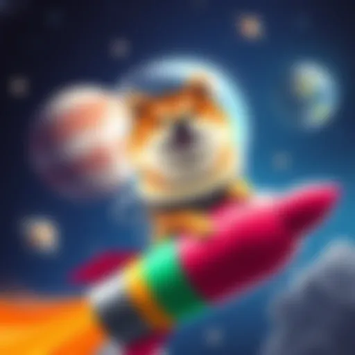 A cheerful Shiba Inu wearing a space helmet, ready to launch into space on a colorful rocket, with stars and planets in the background.