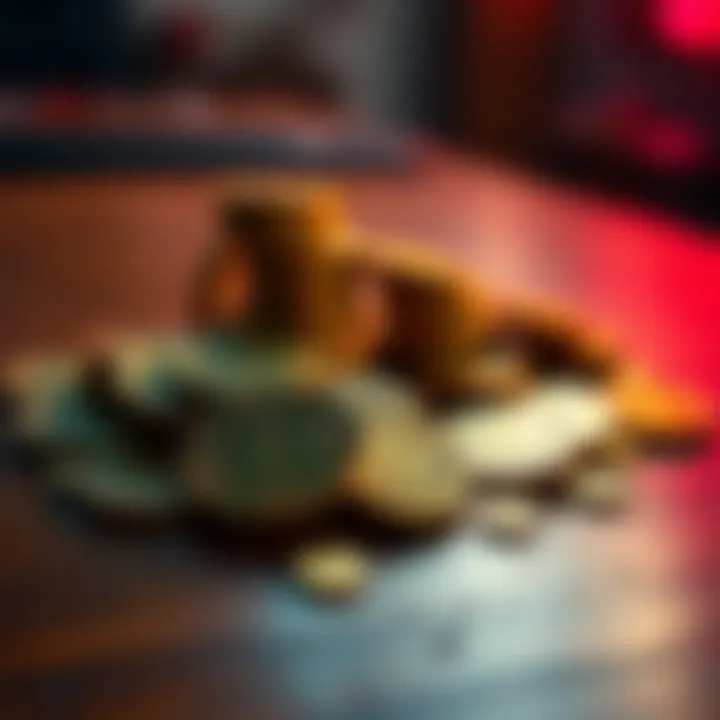 A pile of Dogecoin coins on a wooden table, symbolizing the investment debate in 2026