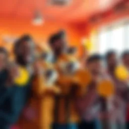 A group of happy people holding Dogecoin symbols, laughing and supporting each other, showcasing positivity and teamwork in a colorful setting.