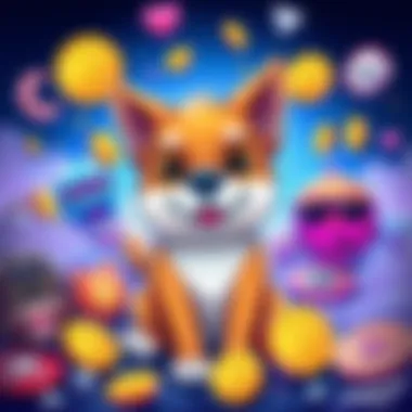 Dogecoin and Memes A cartoon dog surrounded by popular memes and coins, showcasing Dogecoin's community spirit and humor.