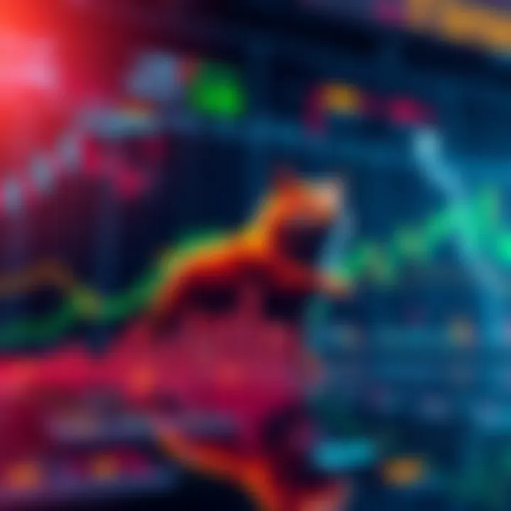 A graph showing Dogecoin price trends and market analysis insights, with upward and downward movement indicators.