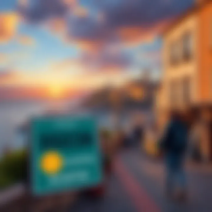 A scenic view of Ericeira, Portugal, with a 'Dogecoin Accepted' sign in front of a local shop, and people enjoying the coastal atmosphere.
