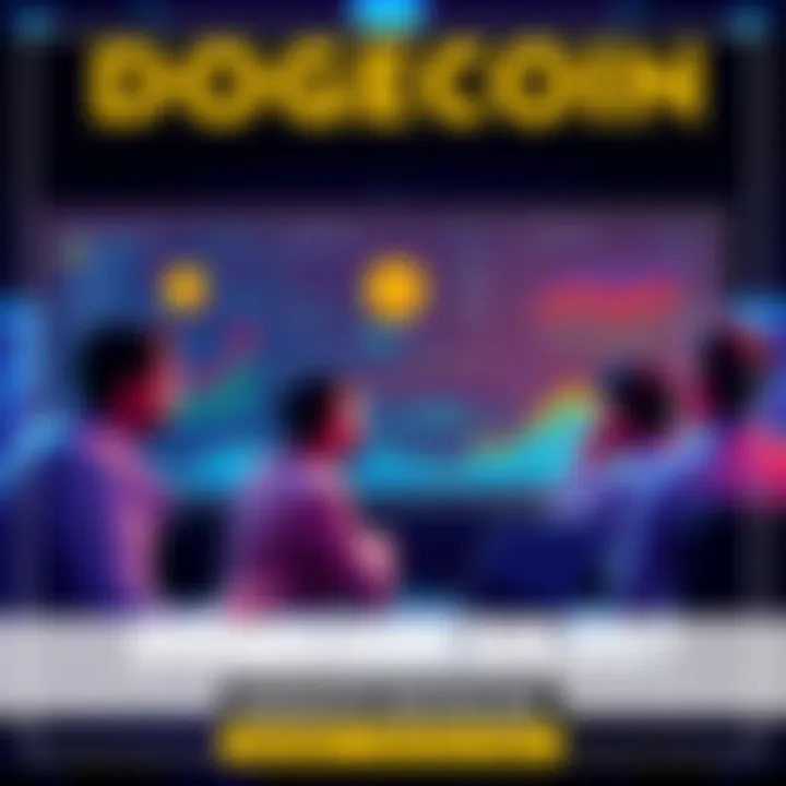 A group of people discussing Dogecoin price predictions with charts and graphs on a screen