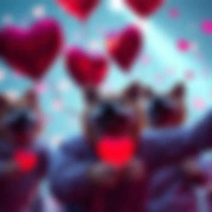 A group of Dogecoin enthusiasts celebrating Valentine's Day with heart-shaped balloons and Dogecoin symbols, showing love and friendship.