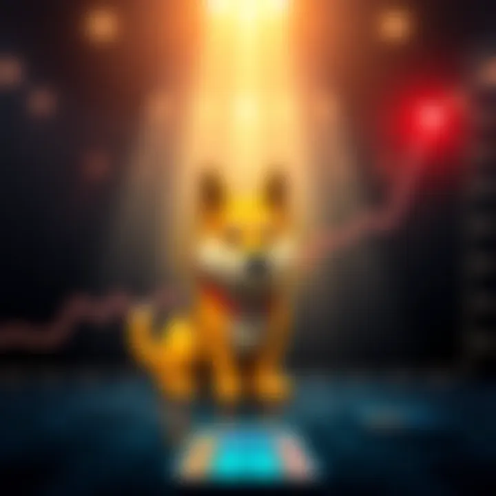 A line graph showing fluctuating values of DOGE cryptocurrency with upward trend indicators and a dog mascot image