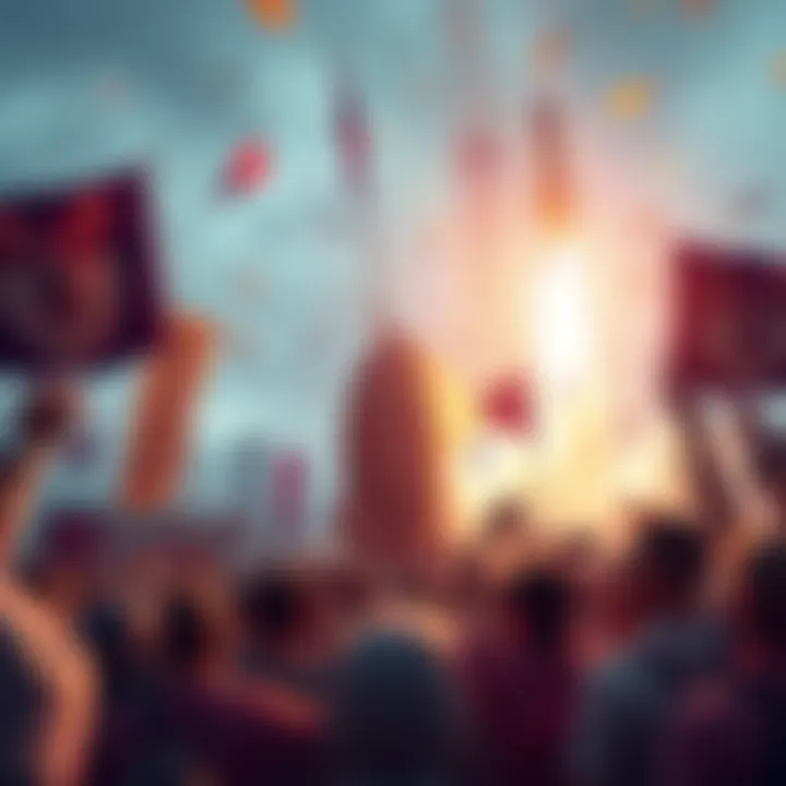 A vibrant scene of Dogecoin enthusiasts celebrating with banners and flags, showing excitement for future growth in cryptocurrency.