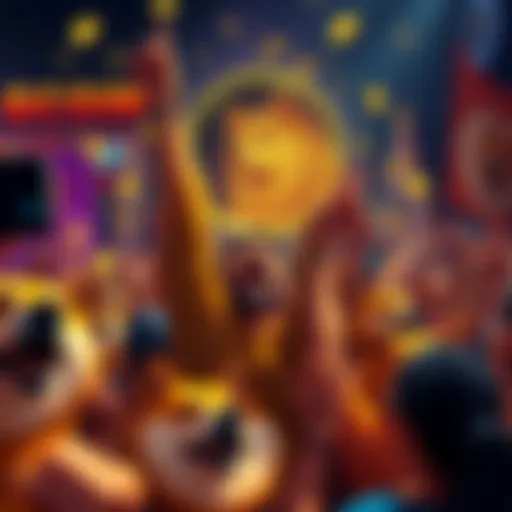 A lively gathering of Dogecoin supporters celebrating predictions of a comeback, with banners and Dogecoin icons around them.