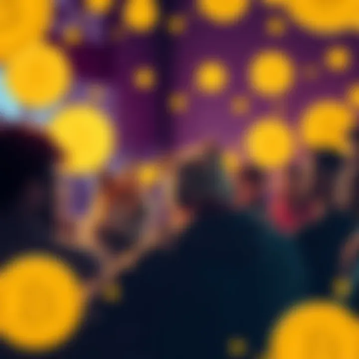 Dogecoin Community Discussion A group of people sharing their dogecoin experiences and stories in a lively discussion, with dogecoin symbols in the background.