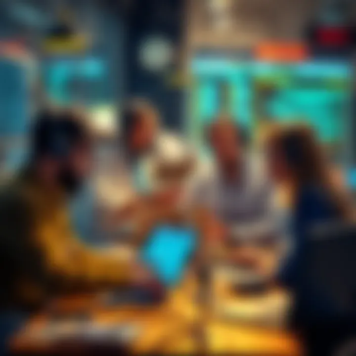 Dogecoin Developers Working Together A diverse group of developers collaborating on Dogecoin projects, showing teamwork and digital tools