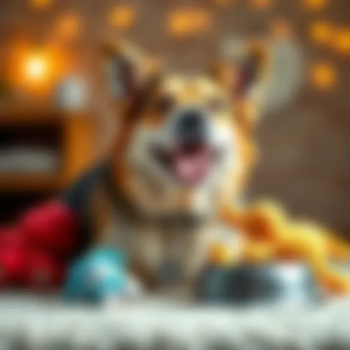 A happy dog with a bowl and toys, representing the donation to support dogs in need across America.