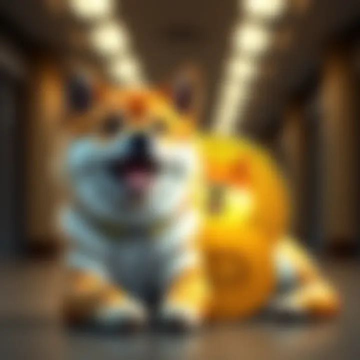 A playful Shiba Inu dog beside the Doge coin symbol, representing the rising trend in cryptocurrency