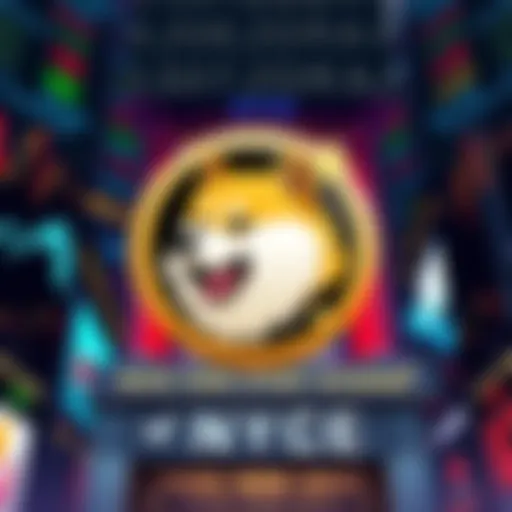 A Dogecoin logo with stock market charts in the background, symbolizing its launch on the New York Stock Exchange.