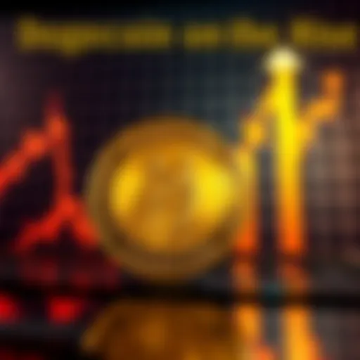 A Dogecoin symbol in front of a chart showing an upward trend, indicating a price rise towards 19 cents