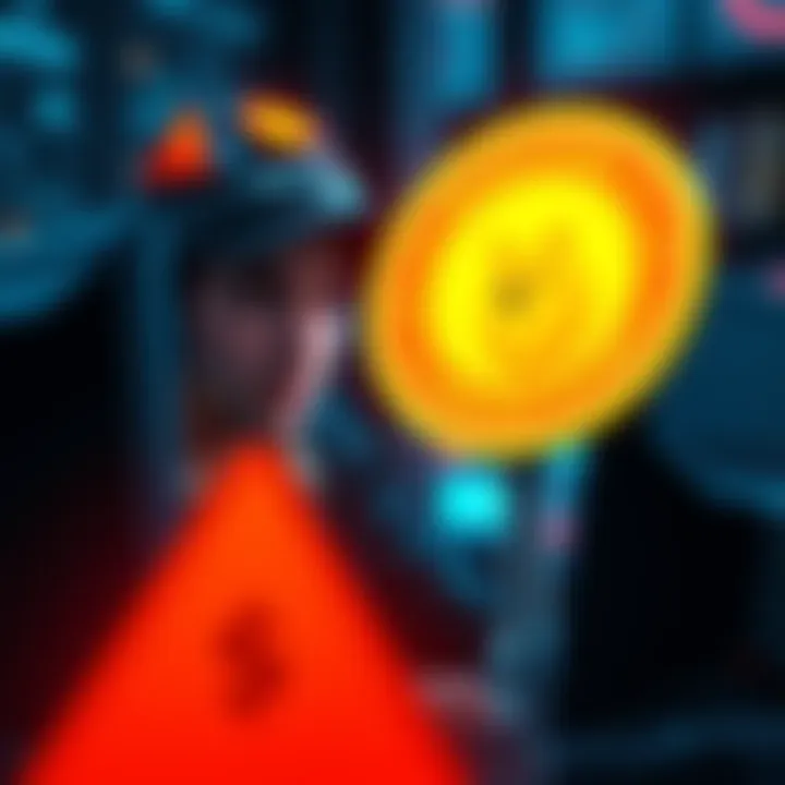 Dogecoin Mining Scam Warning A person looking concerned while checking their computer screen, with a warning sign about Dogecoin mining scams in the foreground.