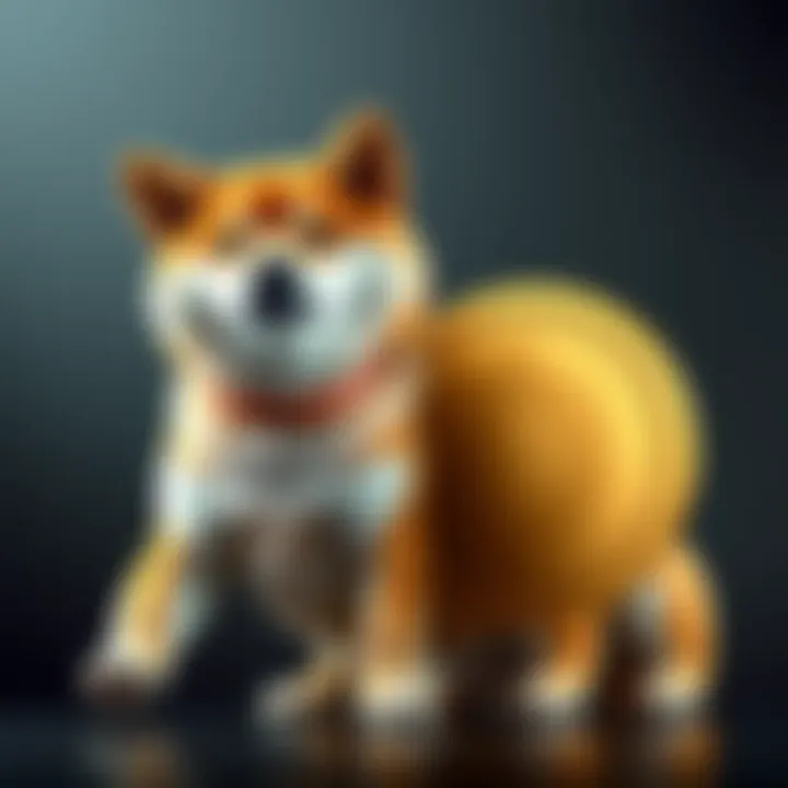 A Shiba Inu dog sitting next to the Dogecoin symbol, representing the meme currency culture.
