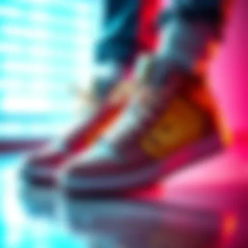 A creative pair of sneakers featuring Dogecoin memes and designs, showcasing a playful attitude.