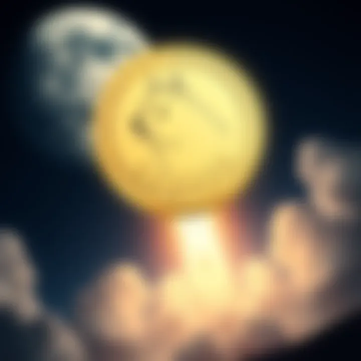 A Dogecoin coin flying towards the moon with a SpaceX rocket in the background