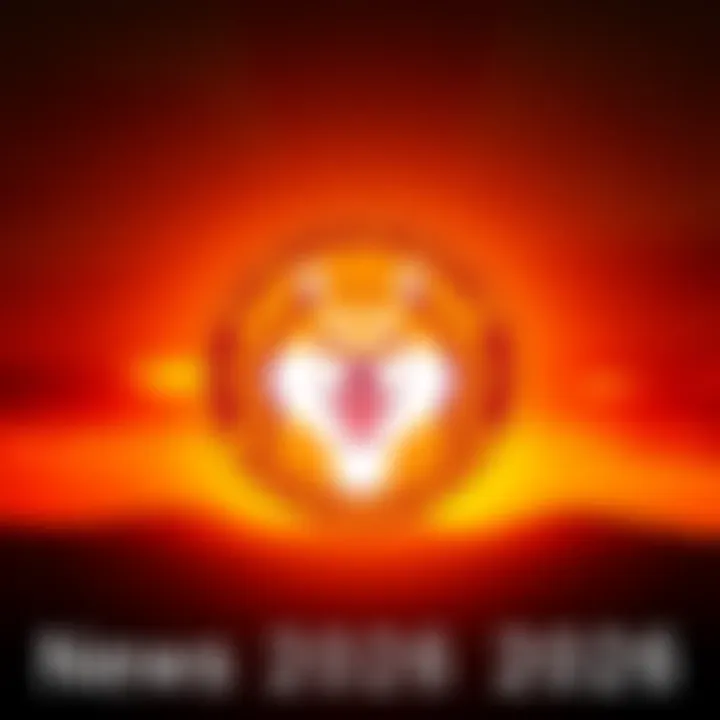 Dogecoin logo featuring a dog against a vibrant sunrise background, symbolizing hope for 2026