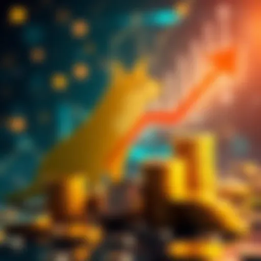 A visual representation showing the rising supply of Doge Coin from 152 billion to 168 billion, with graphical elements like coins and arrows indicating growth.