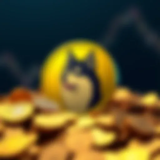 A visual representation of the Dogecoin symbol surrounded by gold coins, highlighting its popularity in the altcoin market.