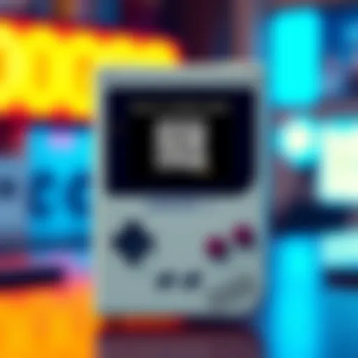 A Game Boy displaying the DogeGB crypto wallet interface with a QR code on the screen.