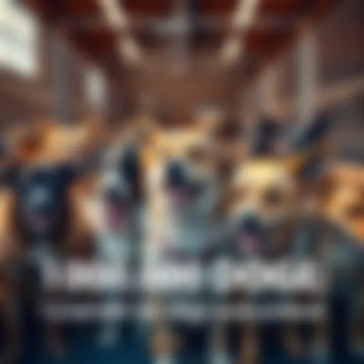 A group of happy dogs in a shelter waiting for adoption, representing support from donations