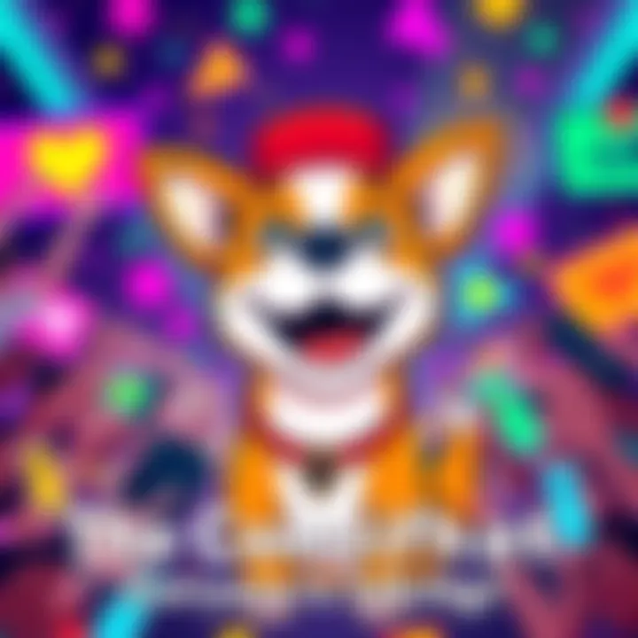 A playful and colorful illustration of Dogwifhat, a cartoon dog with a humorous expression, surrounded by excited fans and vibrant graphics signifying its comeback.
