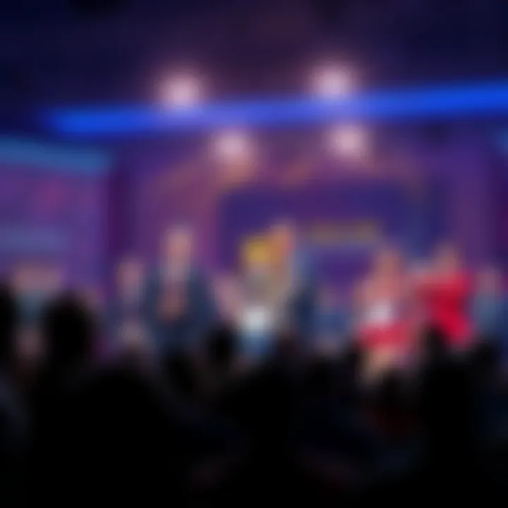 DOJ and FBI officials standing on stage with Paolo and Sailor Moon, surrounded by an audience, showing expressions of concern and frustration over fraud issues.