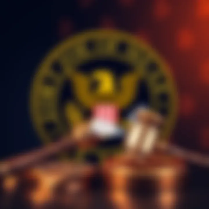 The DOJ logo with a background of Bitcoin symbols and a gavel representing legal proceedings