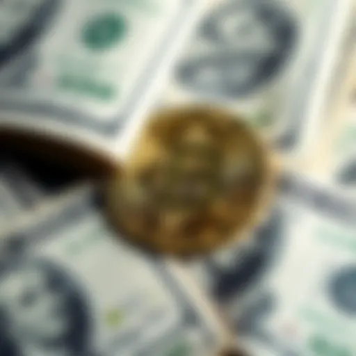 A close-up of dollar bills with a Bitcoin symbol overlay, representing currency choices and financial alternatives.