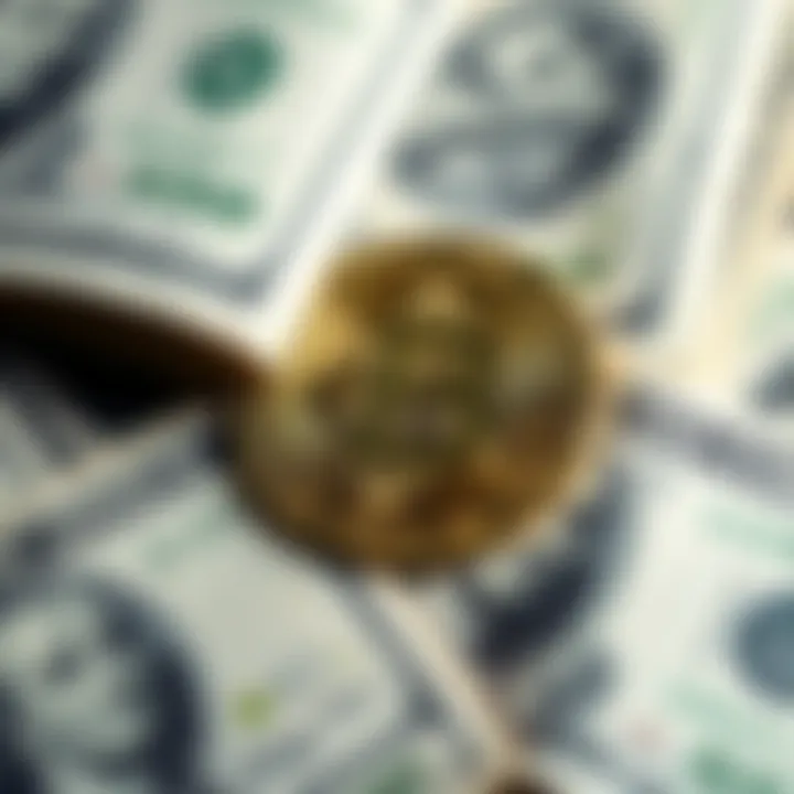 A close-up of dollar bills with a Bitcoin symbol overlay, representing currency choices and financial alternatives.