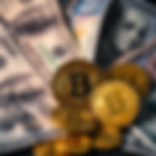 A contrast of dollar bills and Bitcoin coins symbolizing the debate between fiat currencies and digital currencies.