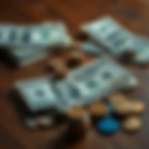 A collection of dollar bills and coins arranged on a wooden table, symbolizing currency in commerce.